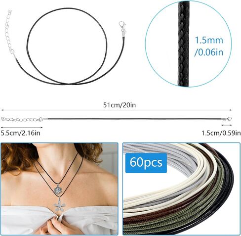 60pcs Leather Necklace Cord with Clasp,Necklace String,20In Waxed Leather Necklace with Clasp,Colorful Necklace Cords for Pendants,1.5mm Rope Necklace for DIY Bracelet Necklace Jewelry Making in Saudi Arabia