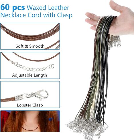 60pcs Leather Necklace Cord with Clasp,Necklace String,20In Waxed Leather Necklace with Clasp,Colorful Necklace Cords for Pendants,1.5mm Rope Necklace for DIY Bracelet Necklace Jewelry Making in Saudi Arabia