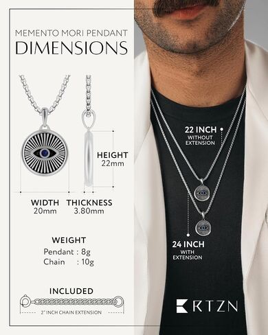 RTZN® Pendant Necklace for Men – Premium Stainless Steel Silver Pendant Necklace with 22" Chain + 2" Extension – Waterproof & Non-Tarnish Small Pendants for Men – Bold Symbols of Strength & Legacy in Kuwait