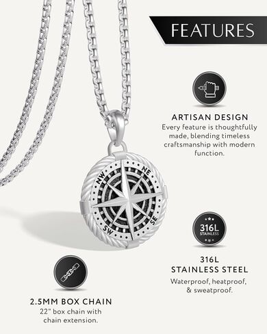 RTZN® Pendant Necklace for Men – Premium Stainless Steel Silver Pendant Necklace with 22" Chain + 2" Extension – Waterproof & Non-Tarnish Small Pendants for Men – Bold Symbols of Strength & Legacy in Kuwait
