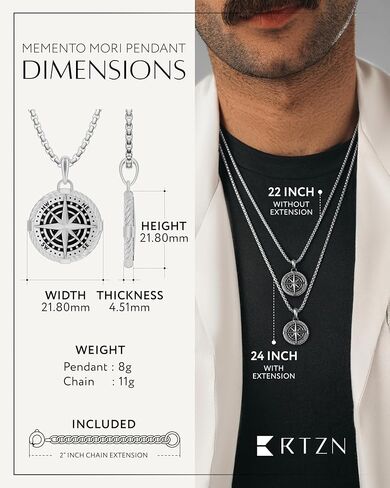 RTZN® Pendant Necklace for Men – Premium Stainless Steel Silver Pendant Necklace with 22" Chain + 2" Extension – Waterproof & Non-Tarnish Small Pendants for Men – Bold Symbols of Strength & Legacy in Kuwait