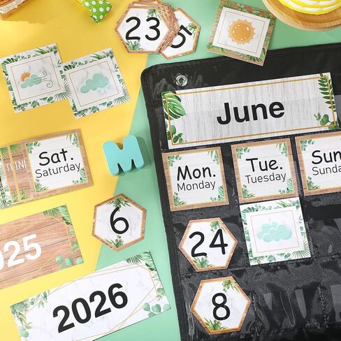 Fulmoon 119 Pcs Boho Classroom Calendar Pocket Chart Set Calendar Bulletin Board Set with Pocket Seasons Festival Weather Calendar Pocket Chart for Classroom Decoration Back to School Supplies in Saudi Arabia