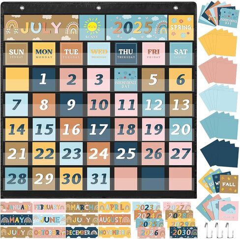 Fulmoon 119 Pcs Boho Classroom Calendar Pocket Chart Set Calendar Bulletin Board Set with Pocket Seasons Festival Weather Calendar Pocket Chart for Classroom Decoration Back to School Supplies in Saudi Arabia