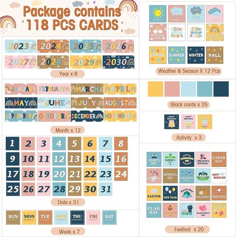 Fulmoon 119 Pcs Boho Classroom Calendar Pocket Chart Set Calendar Bulletin Board Set with Pocket Seasons Festival Weather Calendar Pocket Chart for Classroom Decoration Back to School Supplies in Saudi Arabia