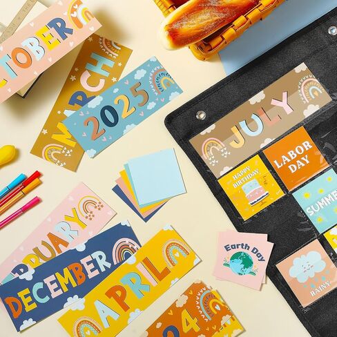 Fulmoon 119 Pcs Boho Classroom Calendar Pocket Chart Set Calendar Bulletin Board Set with Pocket Seasons Festival Weather Calendar Pocket Chart for Classroom Decoration Back to School Supplies in Saudi Arabia