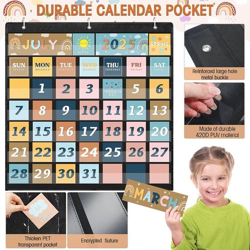 Fulmoon 119 Pcs Boho Classroom Calendar Pocket Chart Set Calendar Bulletin Board Set with Pocket Seasons Festival Weather Calendar Pocket Chart for Classroom Decoration Back to School Supplies in Saudi Arabia
