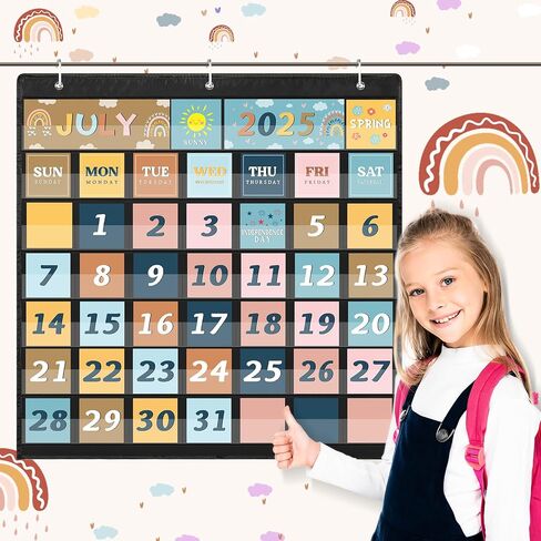 Fulmoon 119 Pcs Boho Classroom Calendar Pocket Chart Set Calendar Bulletin Board Set with Pocket Seasons Festival Weather Calendar Pocket Chart for Classroom Decoration Back to School Supplies in Saudi Arabia