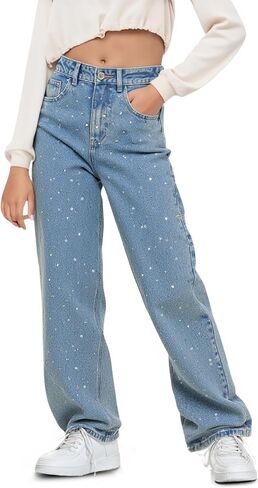 Haloumoning Girls Wide Leg Rhinestone Jeans Kids Baggy Elastic Waisted Denim Pants with Pockets 5-14 Years in Saudi Arabia