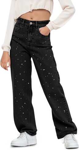 Haloumoning Girls Wide Leg Rhinestone Jeans Kids Baggy Elastic Waisted Denim Pants with Pockets 5-14 Years in Saudi Arabia
