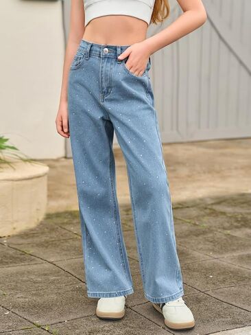 Haloumoning Girls Wide Leg Rhinestone Jeans Kids Baggy Elastic Waisted Denim Pants with Pockets 5-14 Years in Saudi Arabia