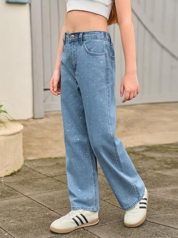 Haloumoning Girls Wide Leg Rhinestone Jeans Kids Baggy Elastic Waisted Denim Pants with Pockets 5-14 Years in Saudi Arabia
