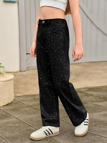 Haloumoning Girls Wide Leg Rhinestone Jeans Kids Baggy Elastic Waisted Denim Pants with Pockets 5-14 Years in Saudi Arabia