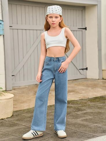 Haloumoning Girls Wide Leg Rhinestone Jeans Kids Baggy Elastic Waisted Denim Pants with Pockets 5-14 Years in Saudi Arabia