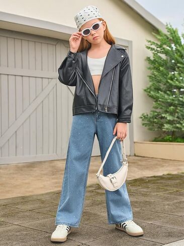 Haloumoning Girls Wide Leg Rhinestone Jeans Kids Baggy Elastic Waisted Denim Pants with Pockets 5-14 Years in Saudi Arabia