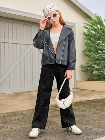 Haloumoning Girls Wide Leg Rhinestone Jeans Kids Baggy Elastic Waisted Denim Pants with Pockets 5-14 Years in Saudi Arabia