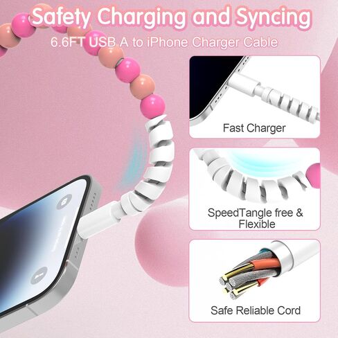 Coolden for iPhone Charger Cord 3.3FT USB to iPhone Cable 66W Cute Purple Beaded iPhone Charger Fast Charging Cable for Women Car Accessories for iPhone 14 13 12 11 Pro Max XR XS,iPad Pro/Air/Mini in Kuwait