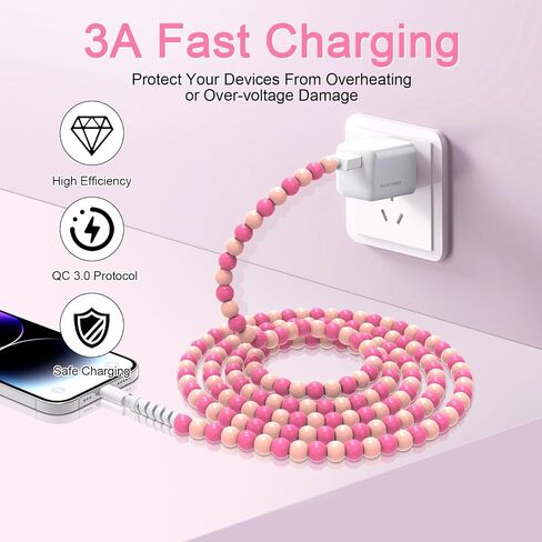 Coolden for iPhone Charger Cord 3.3FT USB to iPhone Cable 66W Cute Purple Beaded iPhone Charger Fast Charging Cable for Women Car Accessories for iPhone 14 13 12 11 Pro Max XR XS,iPad Pro/Air/Mini in Kuwait