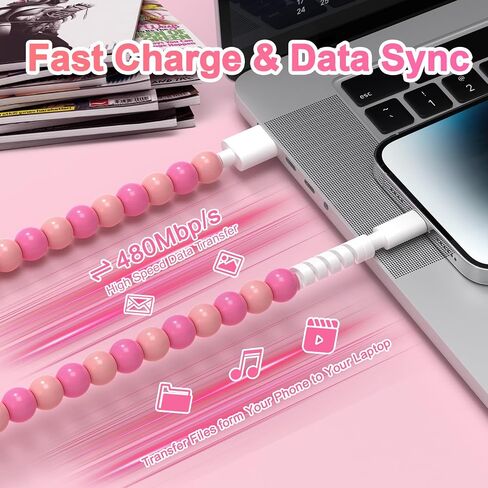 Coolden for iPhone Charger Cord 3.3FT USB to iPhone Cable 66W Cute Purple Beaded iPhone Charger Fast Charging Cable for Women Car Accessories for iPhone 14 13 12 11 Pro Max XR XS,iPad Pro/Air/Mini in Kuwait