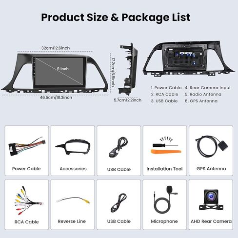 Hikity Android Car Stereo for Hyundai Sonata 2015-2017 (LHD) راديو 2+64 جيجابايت 9 بوصة تعمل باللمس راديو السيارة اللاسلكي Carplay Android Auto دعم نظام تحديد المواقع والملاحة واي فاي بلوتوث FM EQ كاميرا احتياطية in Saudi Arabia