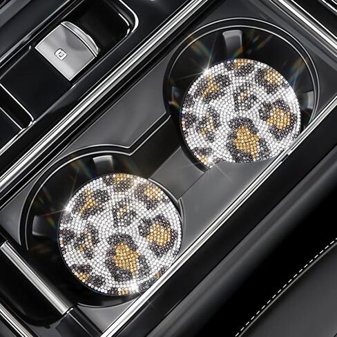 2 Pcs Bling Car Cup Holder Coasters, Leopard Print Rhinestone Car Coasters Cheetah Print Universal Non-Slip Rubber Coasters 2.75in Drink Cup Mat Interior Decor Accessories(Coffee Color) in Saudi Arabia