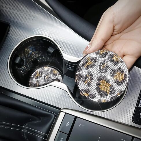 2 Pcs Bling Car Cup Holder Coasters, Leopard Print Rhinestone Car Coasters Cheetah Print Universal Non-Slip Rubber Coasters 2.75in Drink Cup Mat Interior Decor Accessories(Coffee Color) in Saudi Arabia