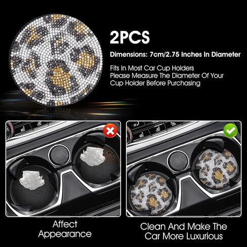 2 Pcs Bling Car Cup Holder Coasters, Leopard Print Rhinestone Car Coasters Cheetah Print Universal Non-Slip Rubber Coasters 2.75in Drink Cup Mat Interior Decor Accessories(Coffee Color) in Saudi Arabia