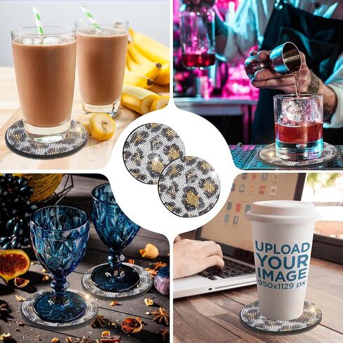 2 Pcs Bling Car Cup Holder Coasters, Leopard Print Rhinestone Car Coasters Cheetah Print Universal Non-Slip Rubber Coasters 2.75in Drink Cup Mat Interior Decor Accessories(Coffee Color) in Saudi Arabia