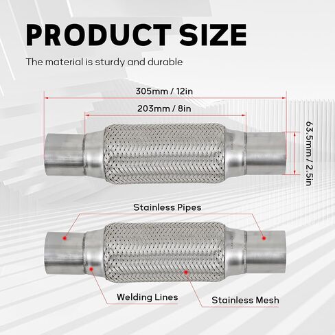 2.25''X8''universal stainless steel Exhaust Flex Pipe with Ends 12" Inch Long Heavy Dutydouble braided bendable exhaust Flex Pipe in Kuwait