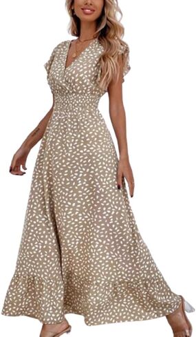 Spevert Women's Midi Dress V Neck Short Sleeve Ruffle Sleeve Summer Floral Dress A-Line Flowy Maxi Dresses in Kuwait