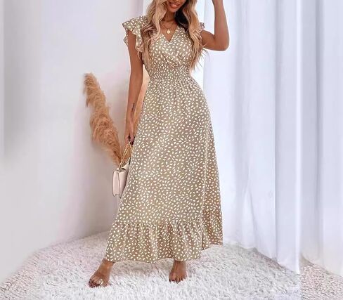 Spevert Women's Midi Dress V Neck Short Sleeve Ruffle Sleeve Summer Floral Dress A-Line Flowy Maxi Dresses in Kuwait