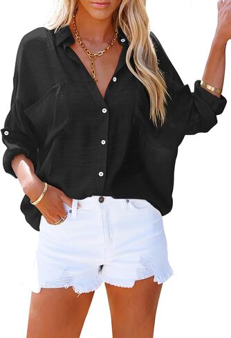 Paintcolors Women's Button Up Shirts Cotton Roll-Up Sleeve Blouses V Neck Casual Tunics Solid Color Tops with Pockets in Kuwait