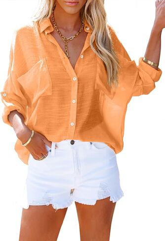 Paintcolors Women's Button Up Shirts Cotton Roll-Up Sleeve Blouses V Neck Casual Tunics Solid Color Tops with Pockets in Kuwait