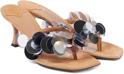 Goolita Women's Suede Sequin Kitten Heels Flip Flops Open Square Toe Strappy Thong Slide Heeled Sandals Comfort Prom Party Mules Heels in Kuwait