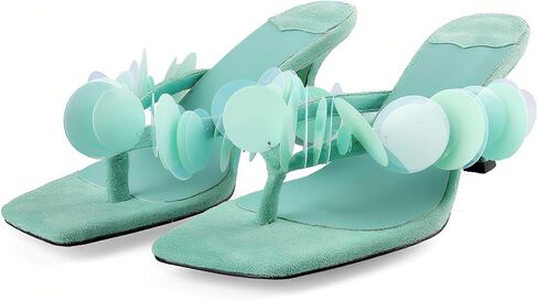 Goolita Women's Suede Sequin Kitten Heels Flip Flops Open Square Toe Strappy Thong Slide Heeled Sandals Comfort Prom Party Mules Heels in Kuwait