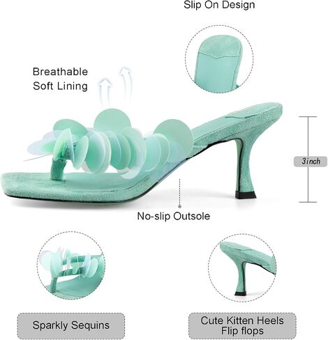 Goolita Women's Suede Sequin Kitten Heels Flip Flops Open Square Toe Strappy Thong Slide Heeled Sandals Comfort Prom Party Mules Heels in Kuwait