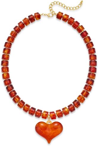 YUJIE Chunky Heart Penadnt Necklace for Women- Exaggerated Statement Puff Heart Necklace with Acrylic Beaded Chain in Kuwait