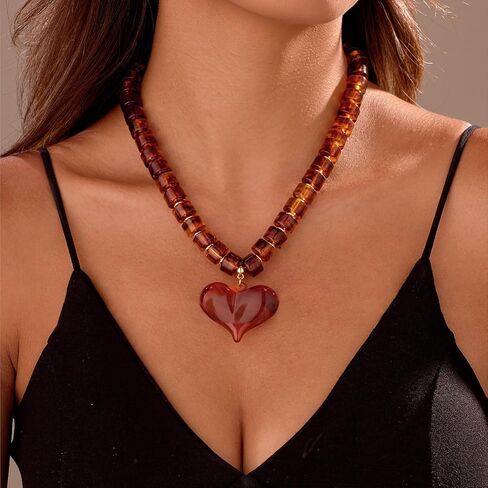 YUJIE Chunky Heart Penadnt Necklace for Women- Exaggerated Statement Puff Heart Necklace with Acrylic Beaded Chain in Kuwait