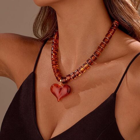 YUJIE Chunky Heart Penadnt Necklace for Women- Exaggerated Statement Puff Heart Necklace with Acrylic Beaded Chain in Kuwait