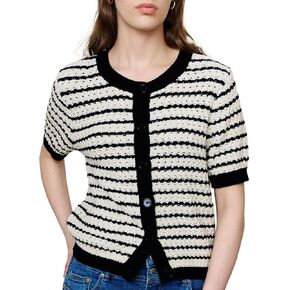 Womens Short Sleeve Summer Cardigan Button Down Sweater Casual Crew Neck Striped Top Trendy in Kuwait