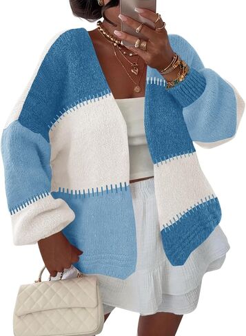 Yousify Women's Color Block Cardigan Sweaters Casual Open Front Chunky Fuzzy Knit Long Puff Sleeve Loose Fall Outerwear in Saudi Arabia