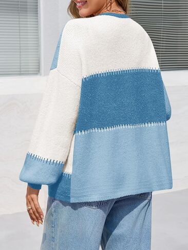 Yousify Women's Color Block Cardigan Sweaters Casual Open Front Chunky Fuzzy Knit Long Puff Sleeve Loose Fall Outerwear in Saudi Arabia