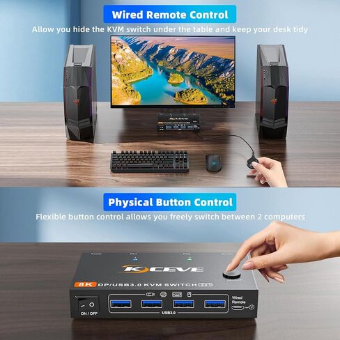 HDMI2.1 KVM Switch 8K@60Hz 4K@120Hz ، KVM Switch for 2 Computers Share 1 Monitor و 3 أجهزة USB 3.0 in Kuwait