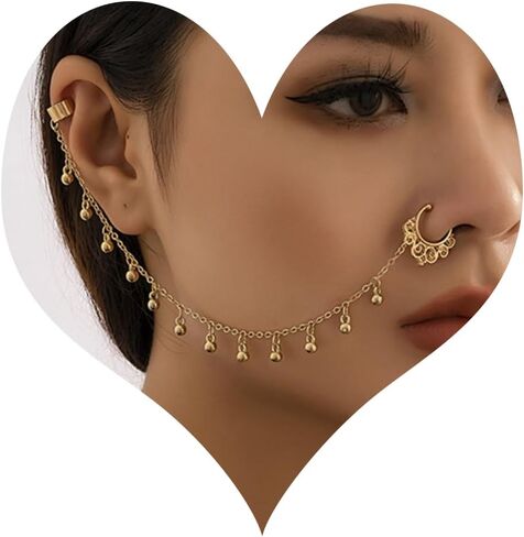 Boho Indian Nose Rings Earrings for Women Sexy Gold Crystal Pearl Star Chain Nose Ring Ear Cuffs Stud Earrings Jewelry in Saudi Arabia