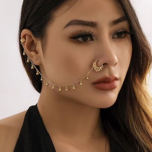 Boho Indian Nose Rings Earrings for Women Sexy Gold Crystal Pearl Star Chain Nose Ring Ear Cuffs Stud Earrings Jewelry in Saudi Arabia