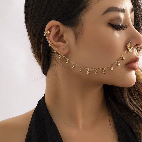 Boho Indian Nose Rings Earrings for Women Sexy Gold Crystal Pearl Star Chain Nose Ring Ear Cuffs Stud Earrings Jewelry in Saudi Arabia