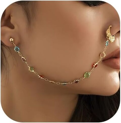 Boho Indian Nose Rings Earrings for Women Sexy Gold Crystal Pearl Star Chain Nose Ring Ear Cuffs Stud Earrings Jewelry in Saudi Arabia