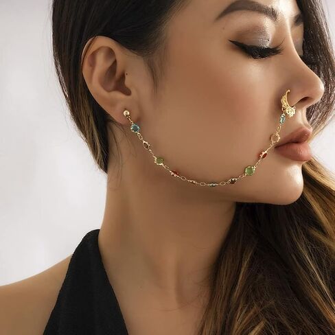 Boho Indian Nose Rings Earrings for Women Sexy Gold Crystal Pearl Star Chain Nose Ring Ear Cuffs Stud Earrings Jewelry in Saudi Arabia