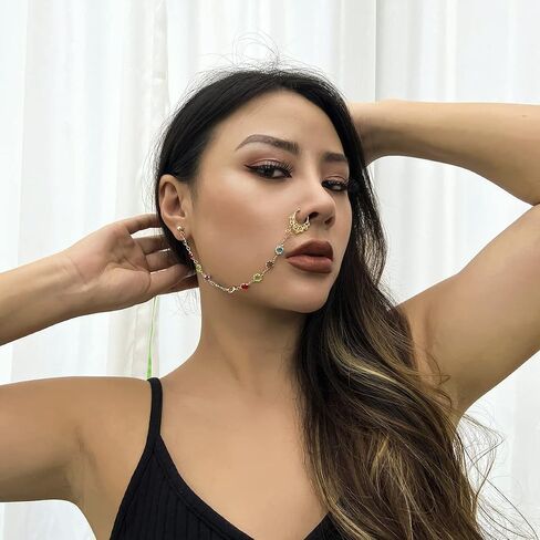 Boho Indian Nose Rings Earrings for Women Sexy Gold Crystal Pearl Star Chain Nose Ring Ear Cuffs Stud Earrings Jewelry in Saudi Arabia