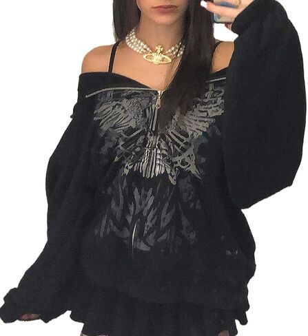 Y2K Aesthetic Zipper Hoodie Sweatshirt Long Sleeve Harajuku Punk Grunge Outfit Retro Vintage Oversized Outwear in Saudi Arabia