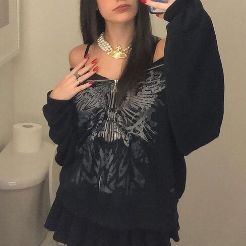 Y2K Aesthetic Zipper Hoodie Sweatshirt Long Sleeve Harajuku Punk Grunge Outfit Retro Vintage Oversized Outwear in Saudi Arabia